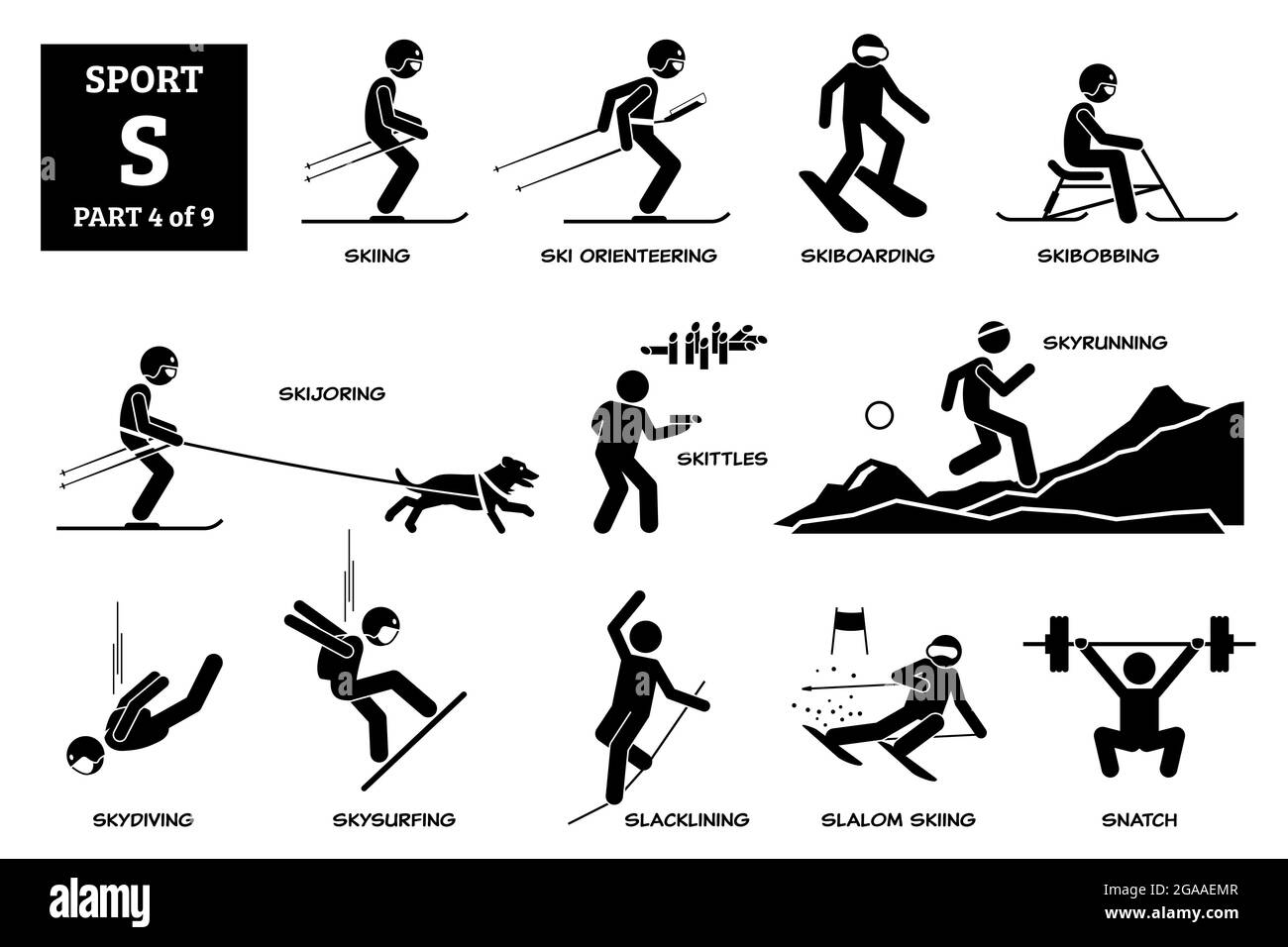 Sport games alphabet S vector icons pictogram. Skiing, ski orienteering, skiboarding, skibobbing, skijoring, skittles, skyrunning, skydiving, skysurfi Stock Vector