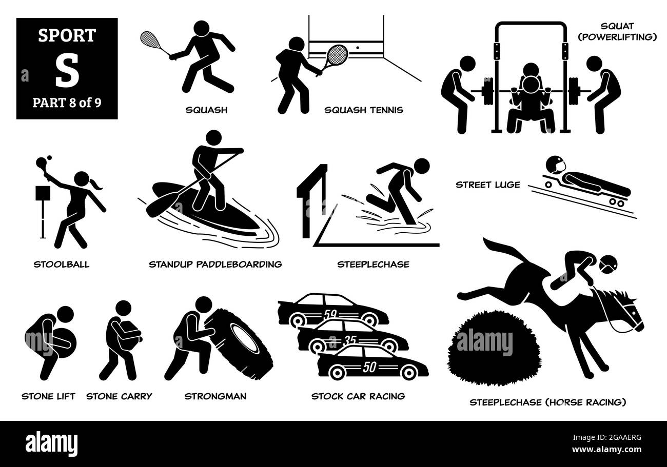 Sport games alphabet S vector icons pictogram. Squash, squash tennis, squat, stoolball, standup paddleboarding, steeplechase horse, street luge, stone Stock Vector