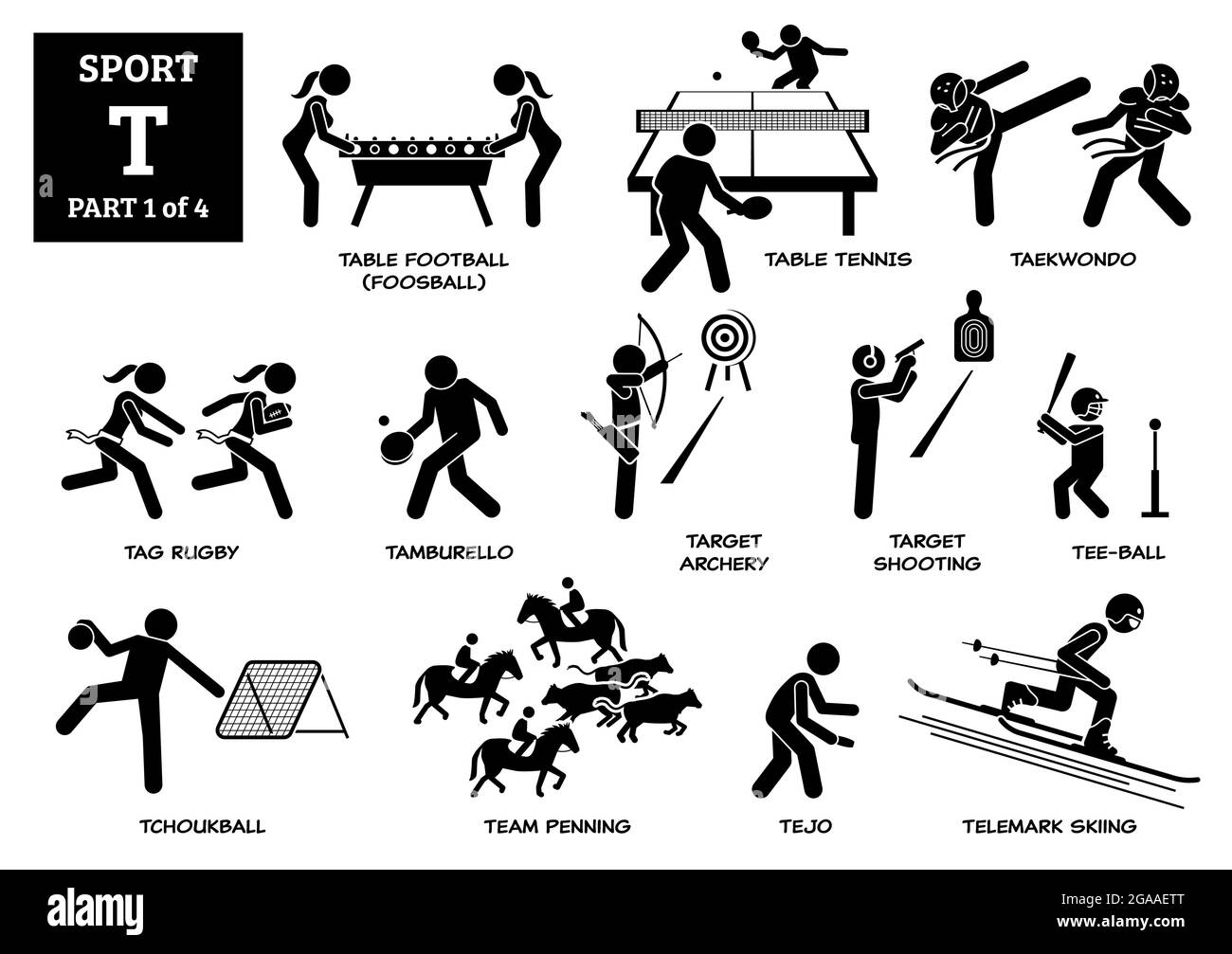 Sport games alphabet T vector icons pictogram. Table football, table tennis, taekwondo, tag rugby, tamburello, target archery, shooting, tee-ball, tch Stock Vector