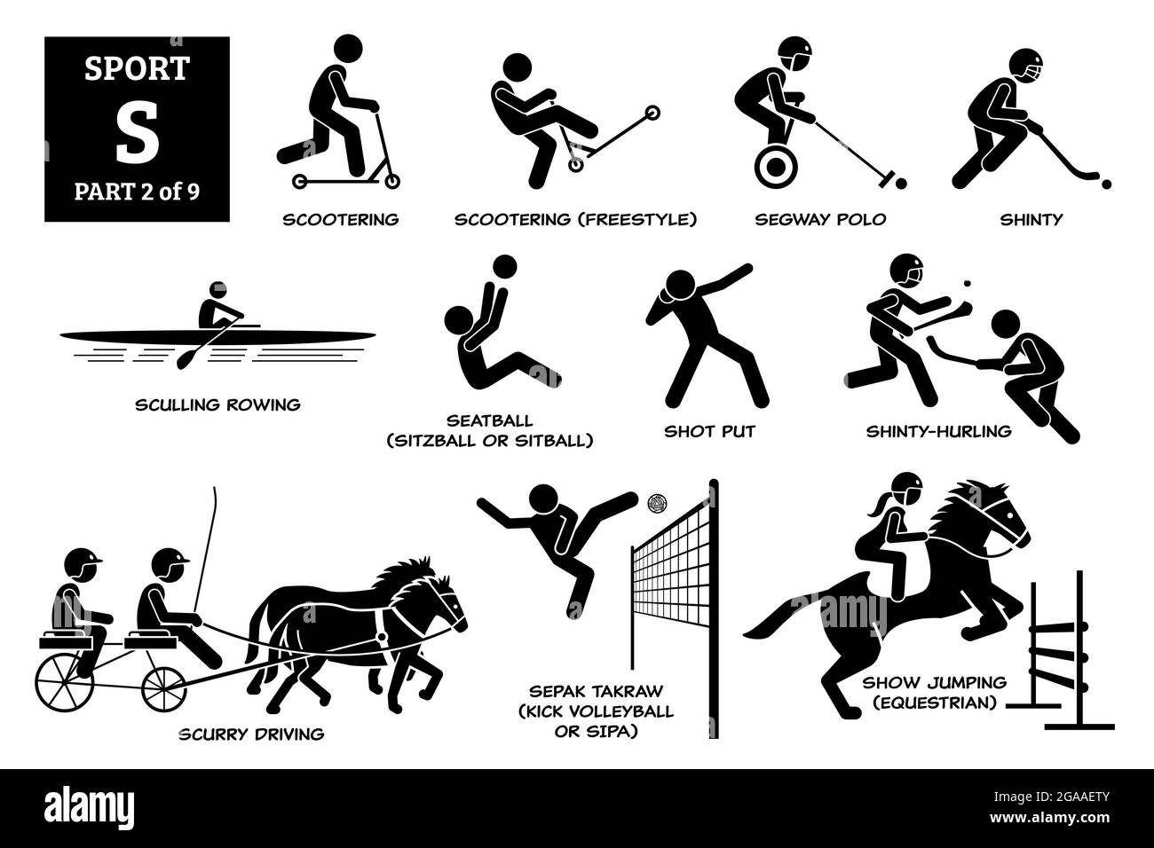 Sport games alphabet S vector icons pictogram. Scootering, scooter freestyle, segway polo, shinty, sculling rowing, seatball, shot put, shinty hurling Stock Vector