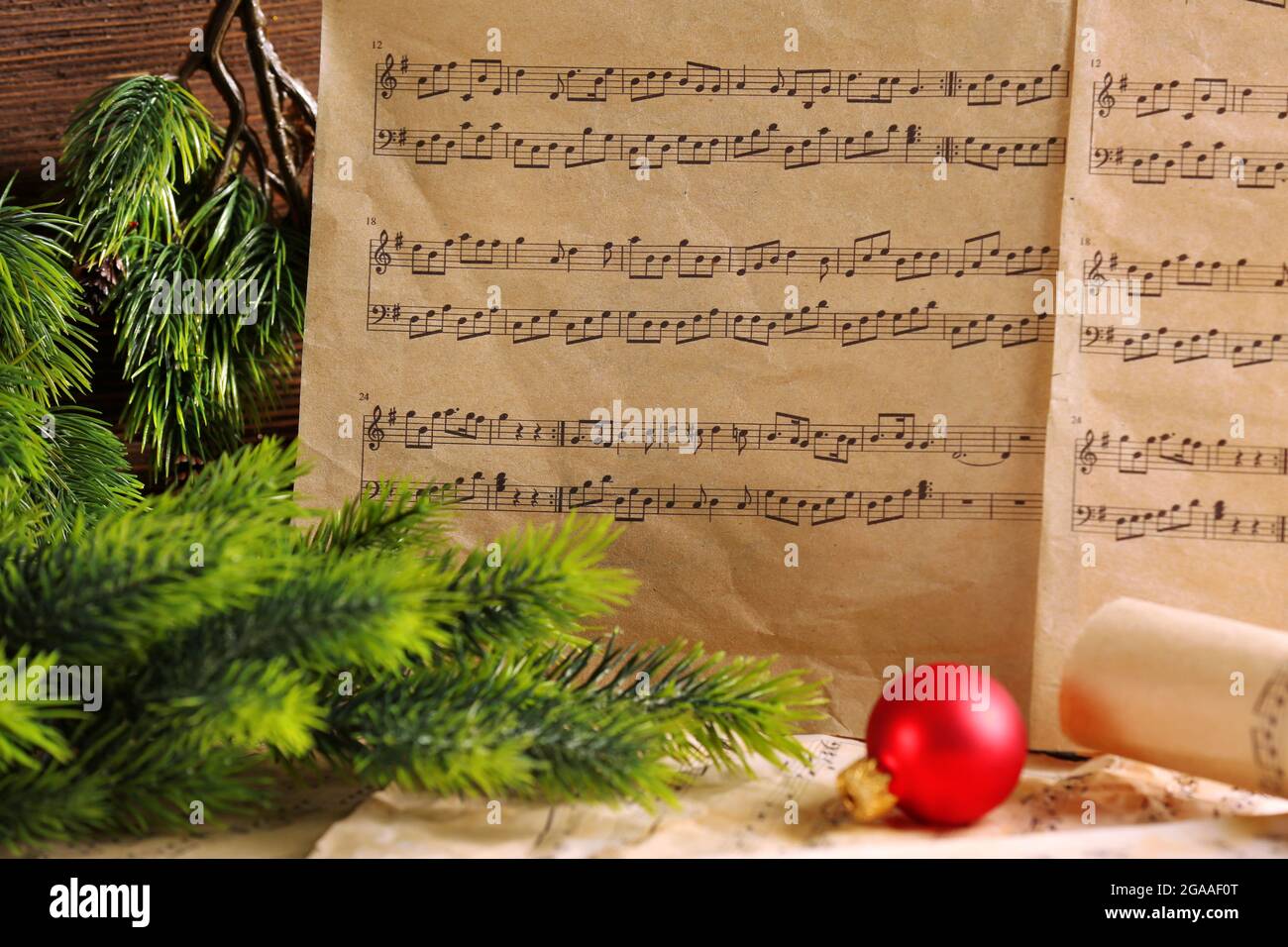 Music notes with Christmas decoration close up Stock Photo - Alamy