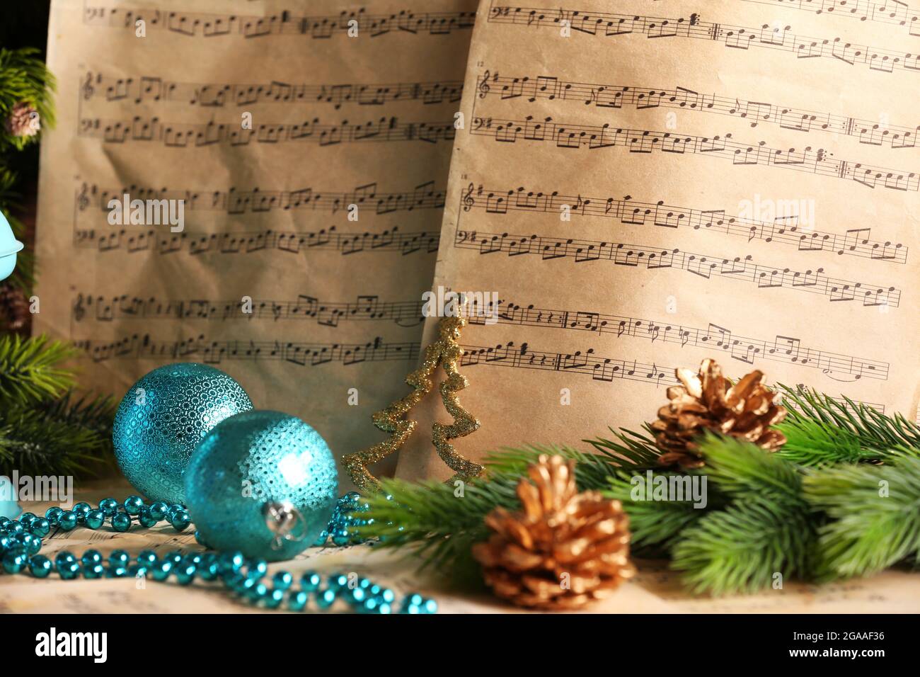 Music notes with Christmas decoration close up Stock Photo - Alamy