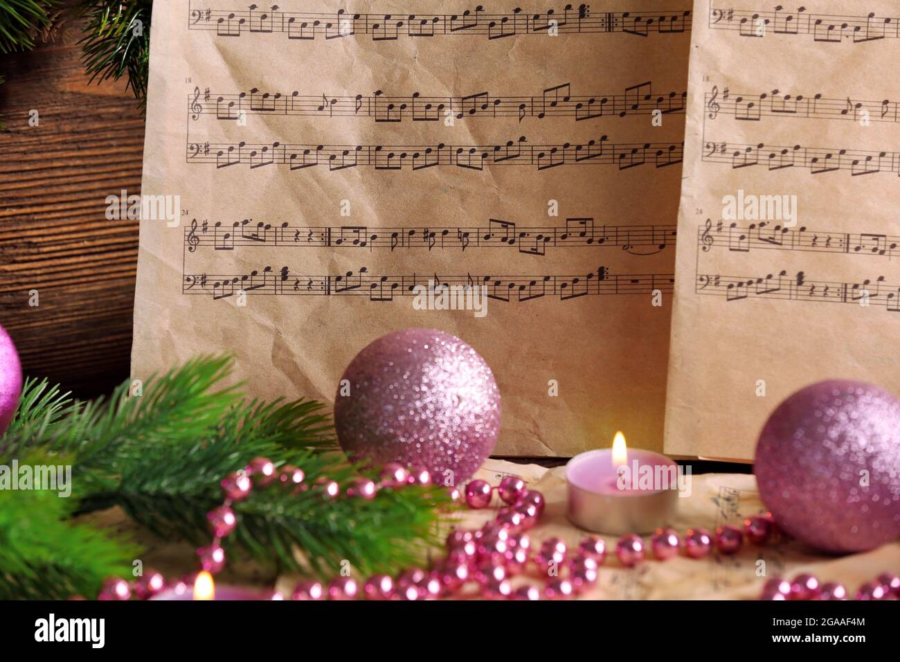 Music notes with Christmas decoration close up Stock Photo - Alamy