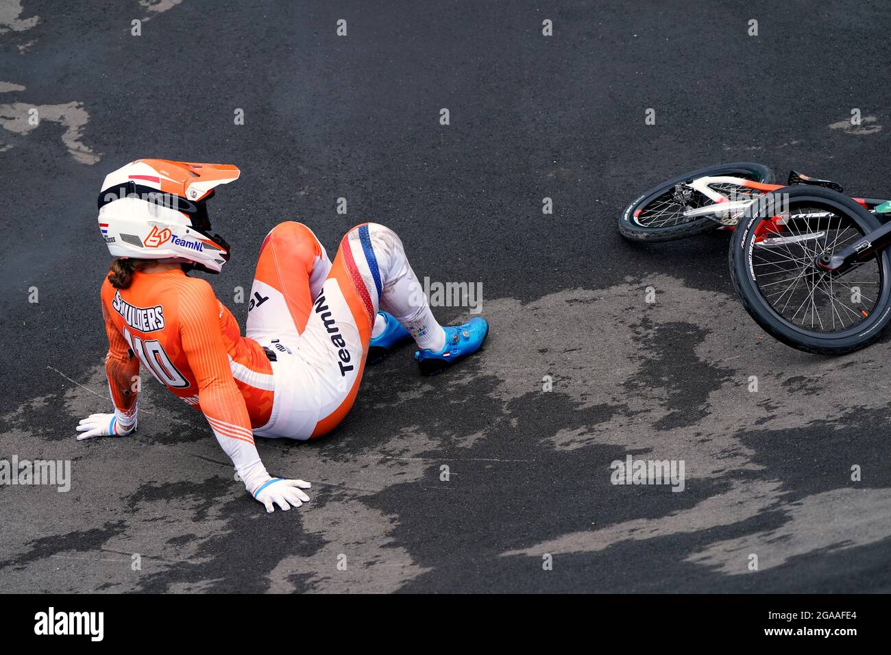 Netherland’s Laura Smulders crashes during the Cycling BMX Racing semi finals at the Ariake Urban Sports Park on the seventh day of the Tokyo 2020 Olympic Games in Japan. Picture date: Friday July 30, 2021. Stock Photo