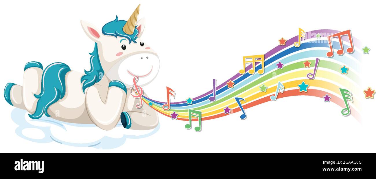 Cute unicorn laying on the cloud with melody symbols on rainbow ...
