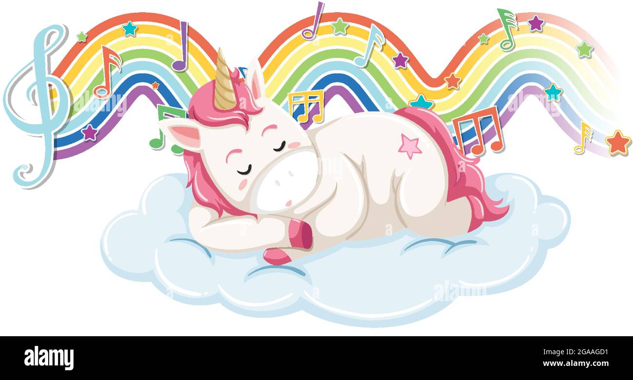 Unicorn sleeping on the cloud with melody symbols on rainbow wave ...