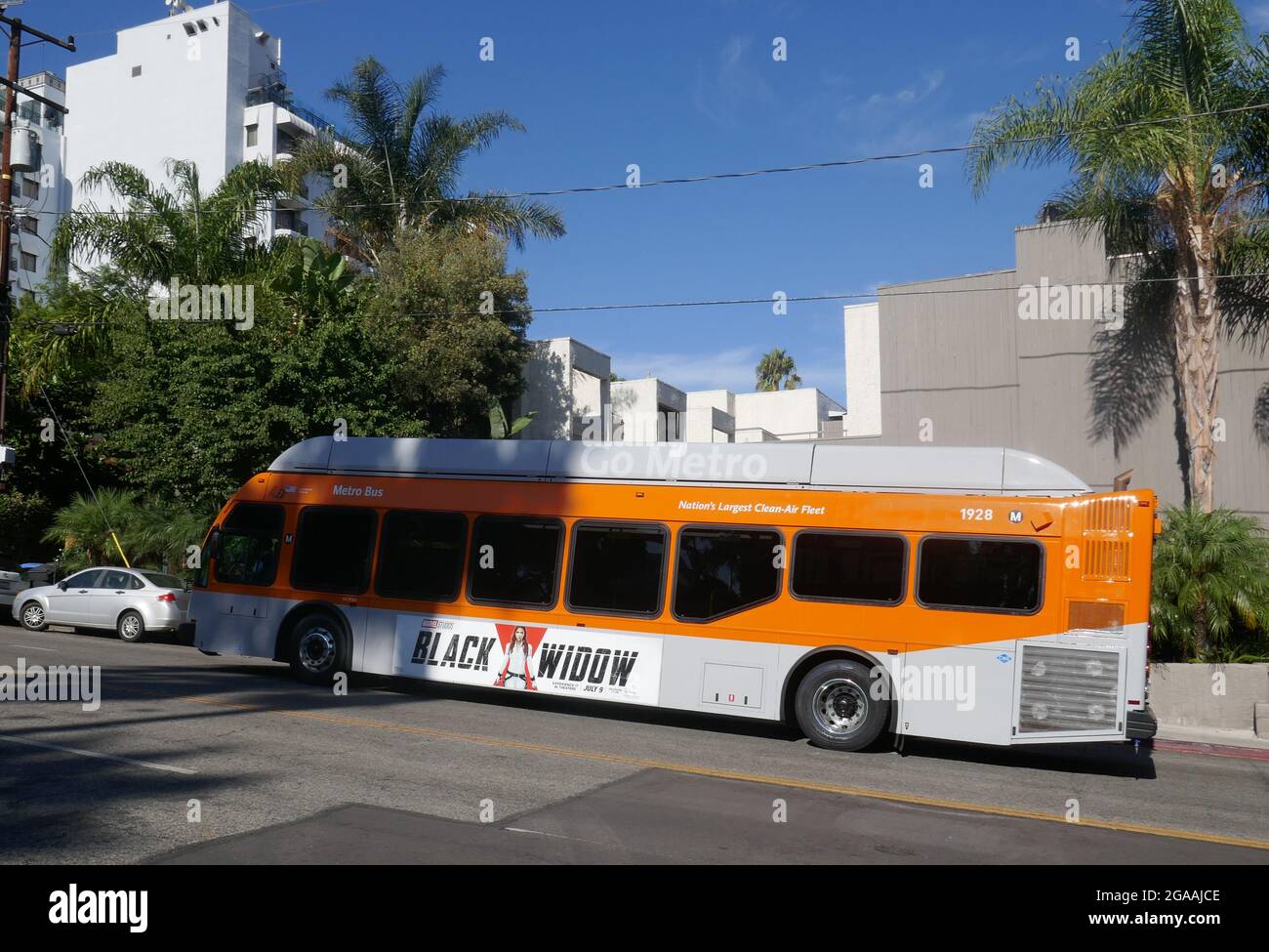 West Hollywood, California, USA 29th July 2021 A general view of atmosphere of Black Widow Scarlett Johansson Bus on July 29, 2021 in West Hollywood, California, USA. Photo by Barry King/Alamy Stock Photo Stock Photo