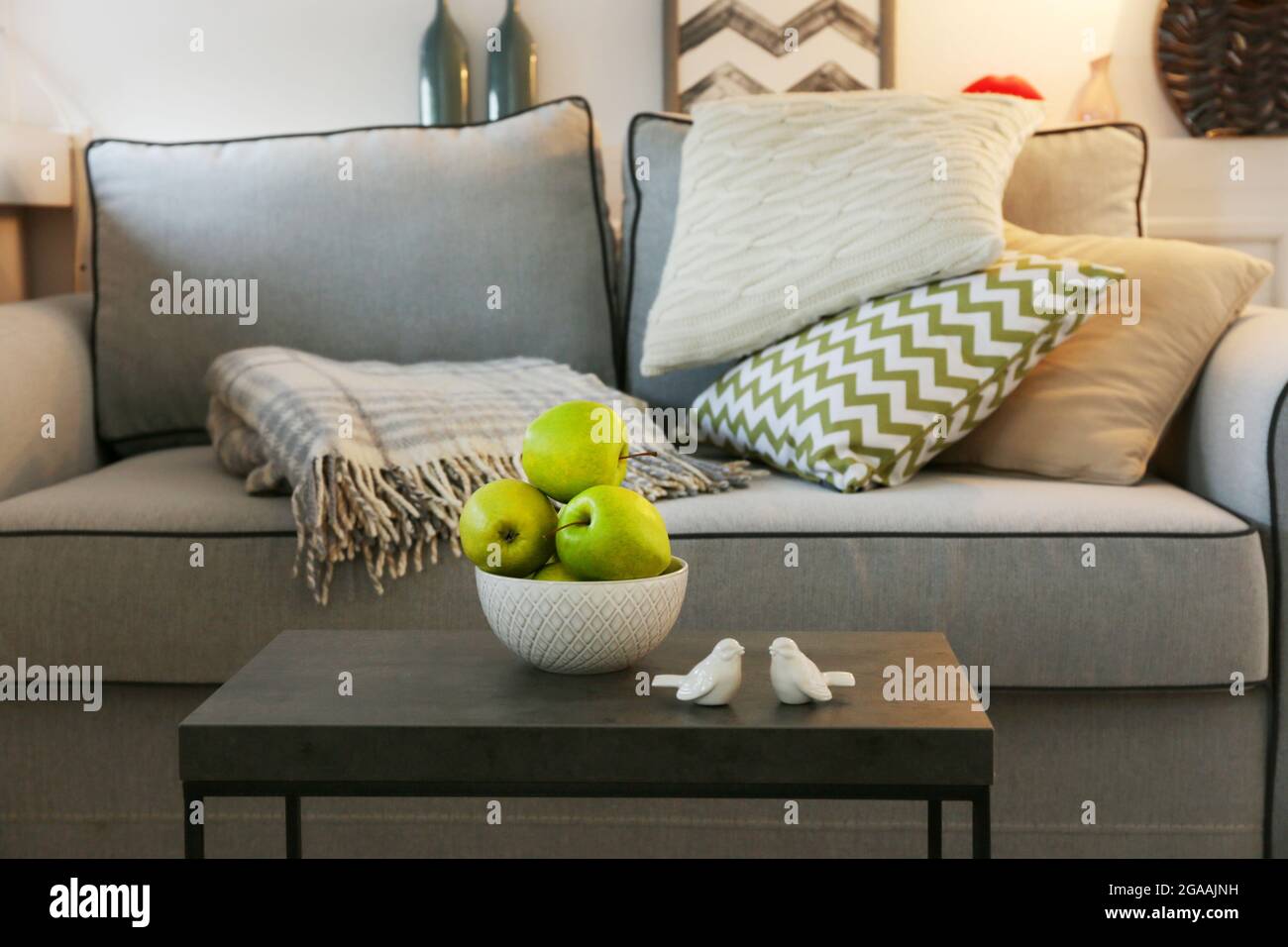 Beautiful modern living room with grey sofa and floor lamp Stock Photo ...