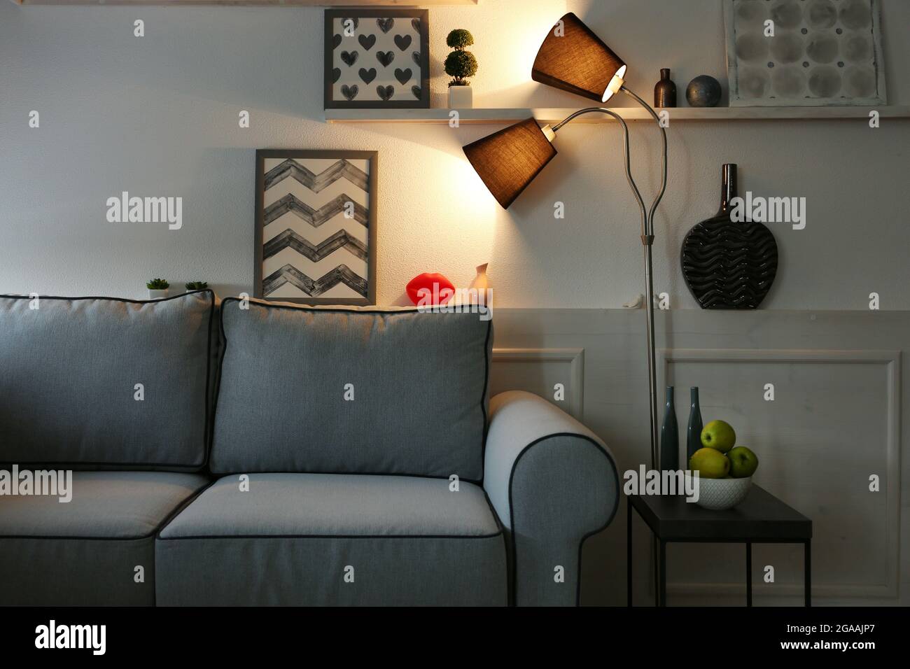 Beautiful Modern Living Room With Grey Sofa And Floor Lamp 2GAAJP7 
