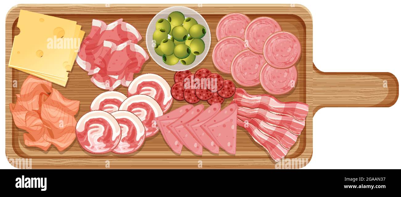 Platter of various cold meats and cheese isolated on white background illustration Stock Vector