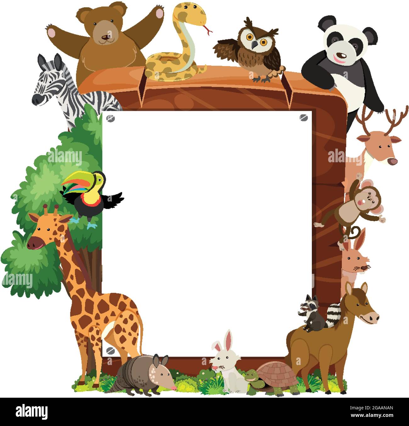 Empty wooden frame with various wild animals illustration Stock Vector