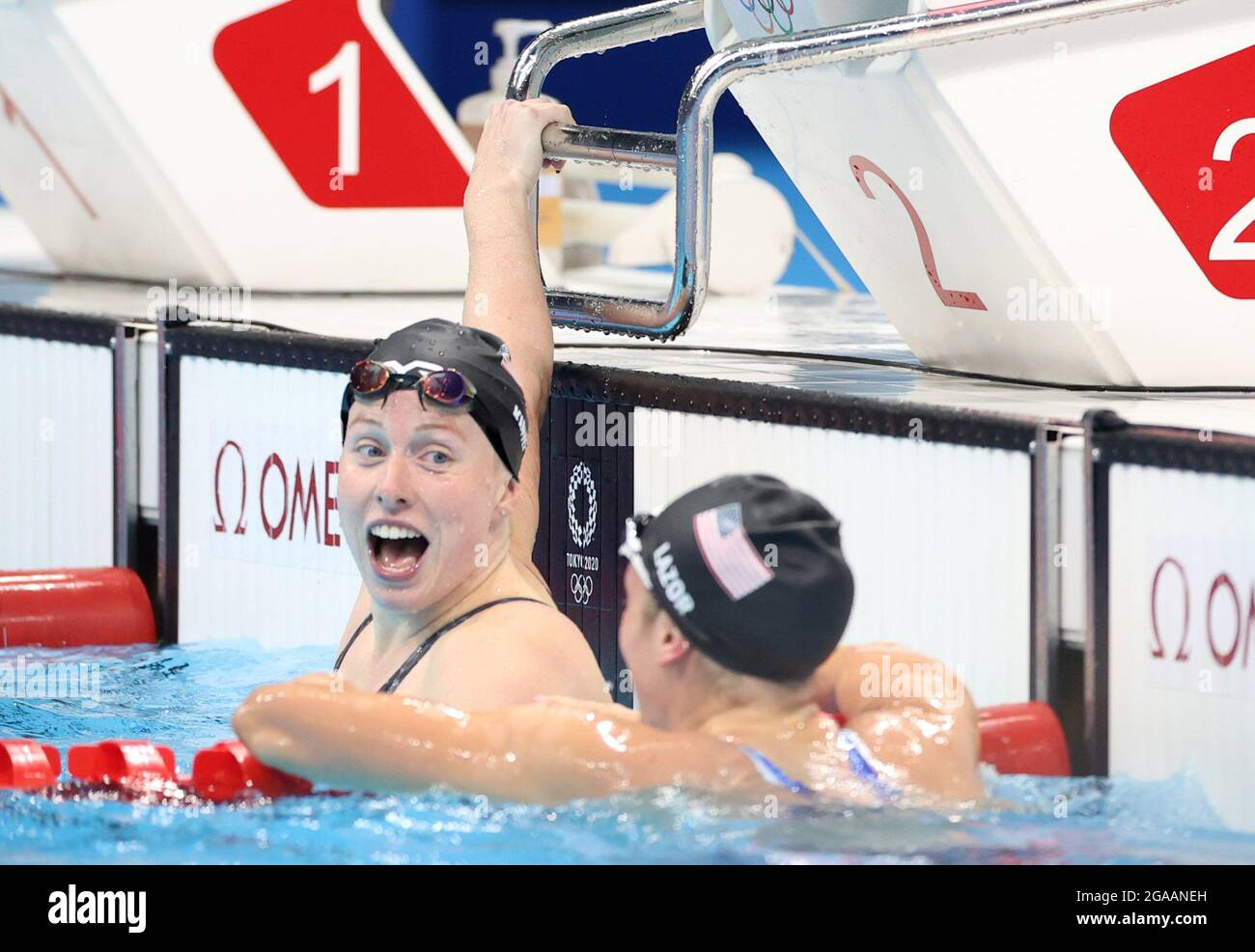 Tokyo, Japan. 30th July, 2021. Annie Lazor (R) and Lilly King of the United States celebrate after the women's 200m breaststroke final of swimming at the Tokyo 2020 Olympic Games in Tokyo, Japan, July 30, 2021. Credit: Ding Xu/Xinhua/Alamy Live News Stock Photo