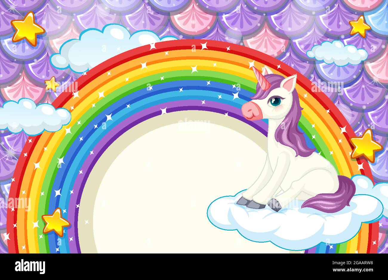 Rainbow frame with cute unicorn on colourful fish scales background  illustration Stock Vector Image \u0026 Art - Alamy, image size:1300x940