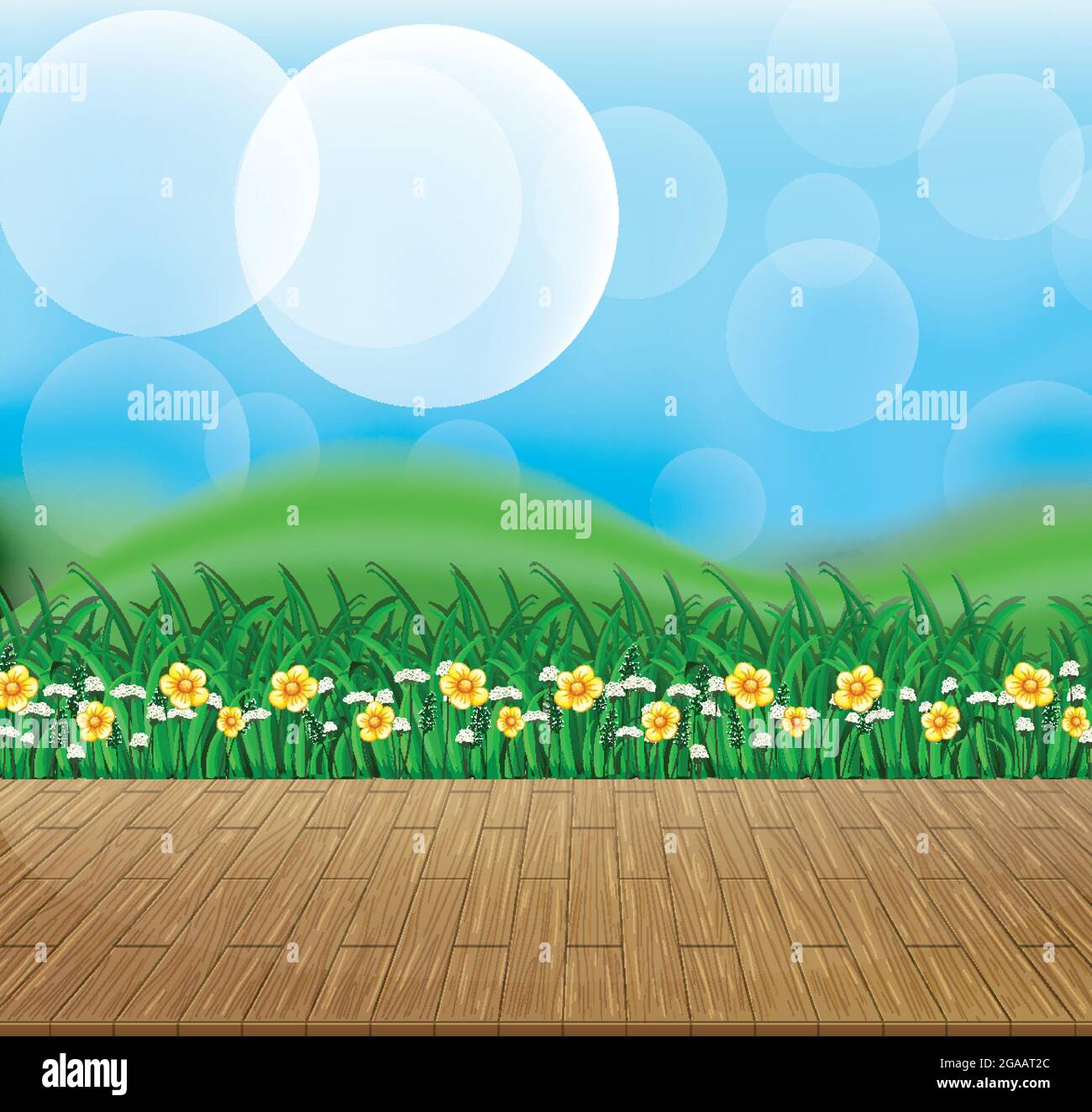 Nature background with flower field and green grass illustration Stock ...
