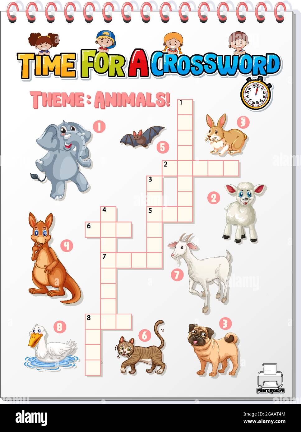 Crossword puzzle game template about animals illustration Stock Vector