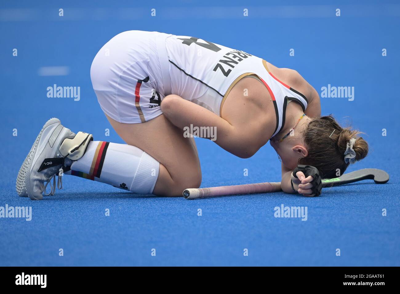 Tokyo, Japan. 30th July, 2021. Hockey, Women: Olympics, South Africa -  Germany, Preliminary Round, Group A, Matchday 4 at Oi Hockey Stadium. Nike  Lorenz of Germany is on her knees injured on