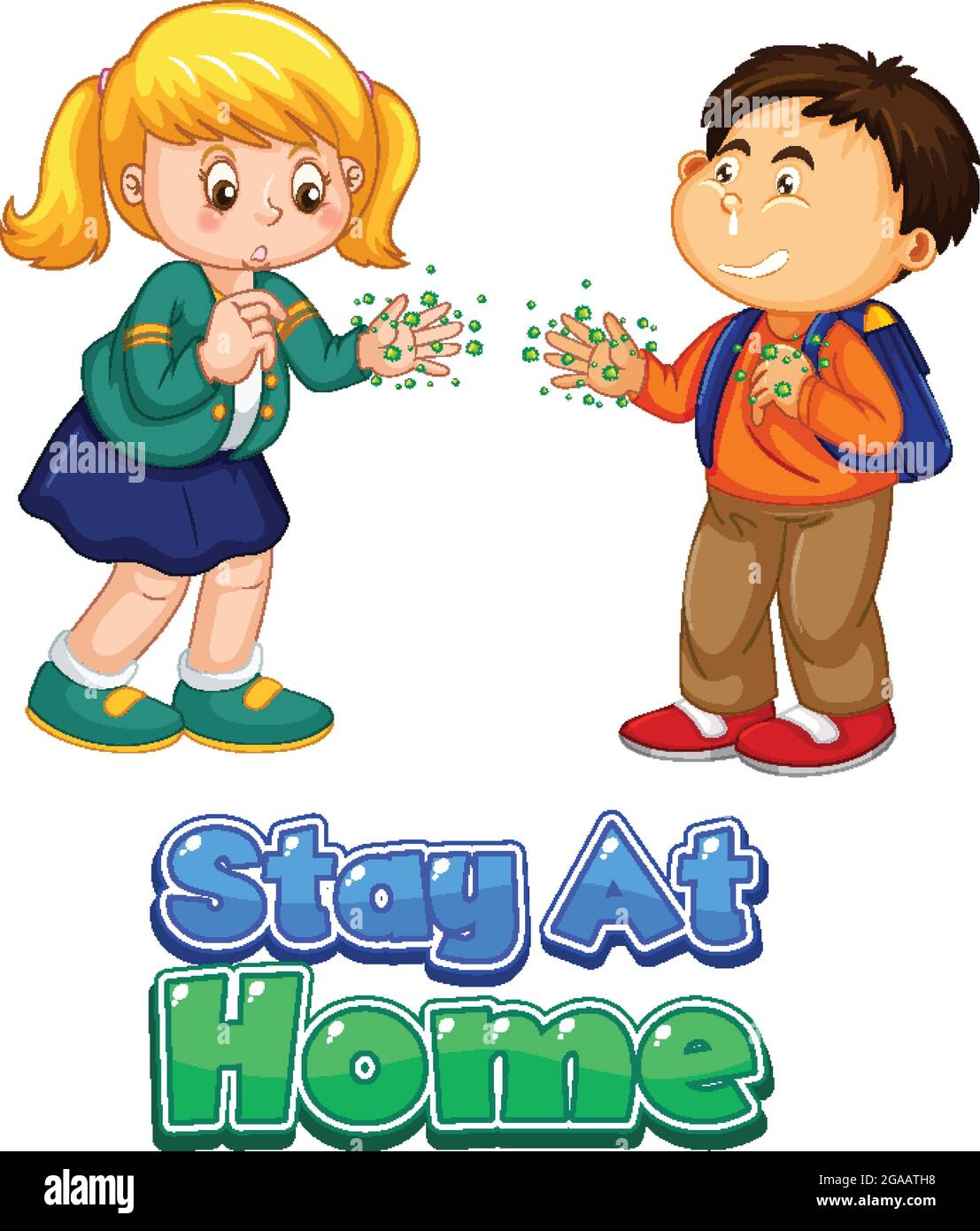 Stay At Home font in cartoon style with two kids do not keep social ...