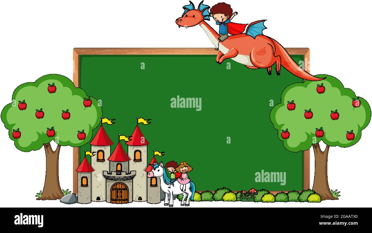 Empty chalkboard banner with fairy tale cartoon character and elements ...