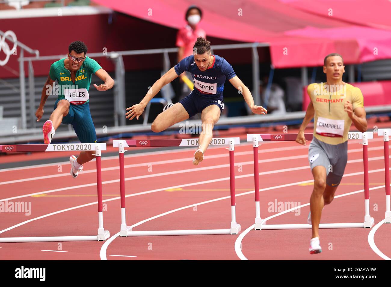 Tokyo, Japan. 30th July, 2021. HAPPIO Wilfried (FRA) Athletics : Men's 400m Hurdles Round 1 - Heat during the Tokyo 2020 Olympic Games at the National Stadium in Tokyo, Japan . Credit: Yohei Osada/AFLO SPORT/Alamy Live News Stock Photo