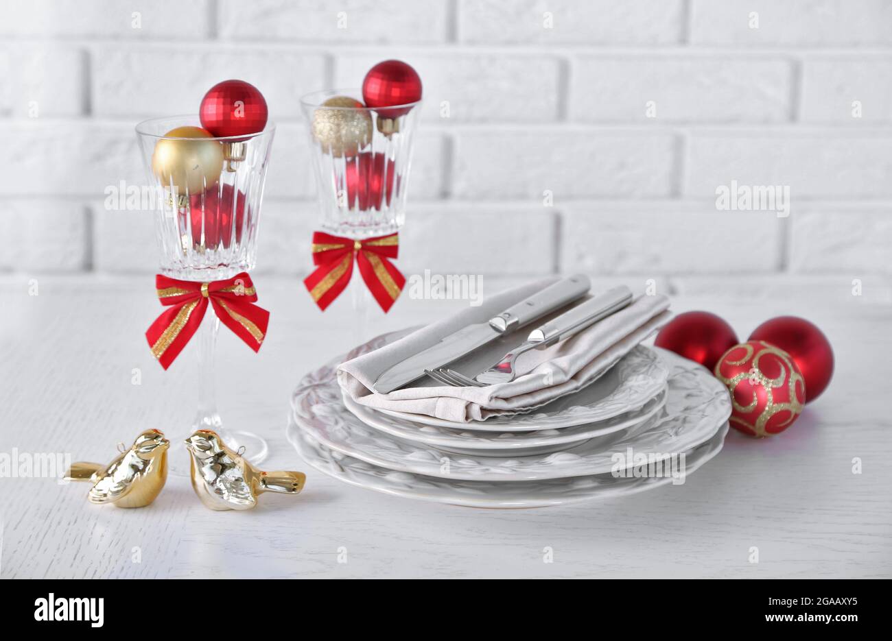 Decorated Christmas table setting. Christmas menu concept Stock Photo