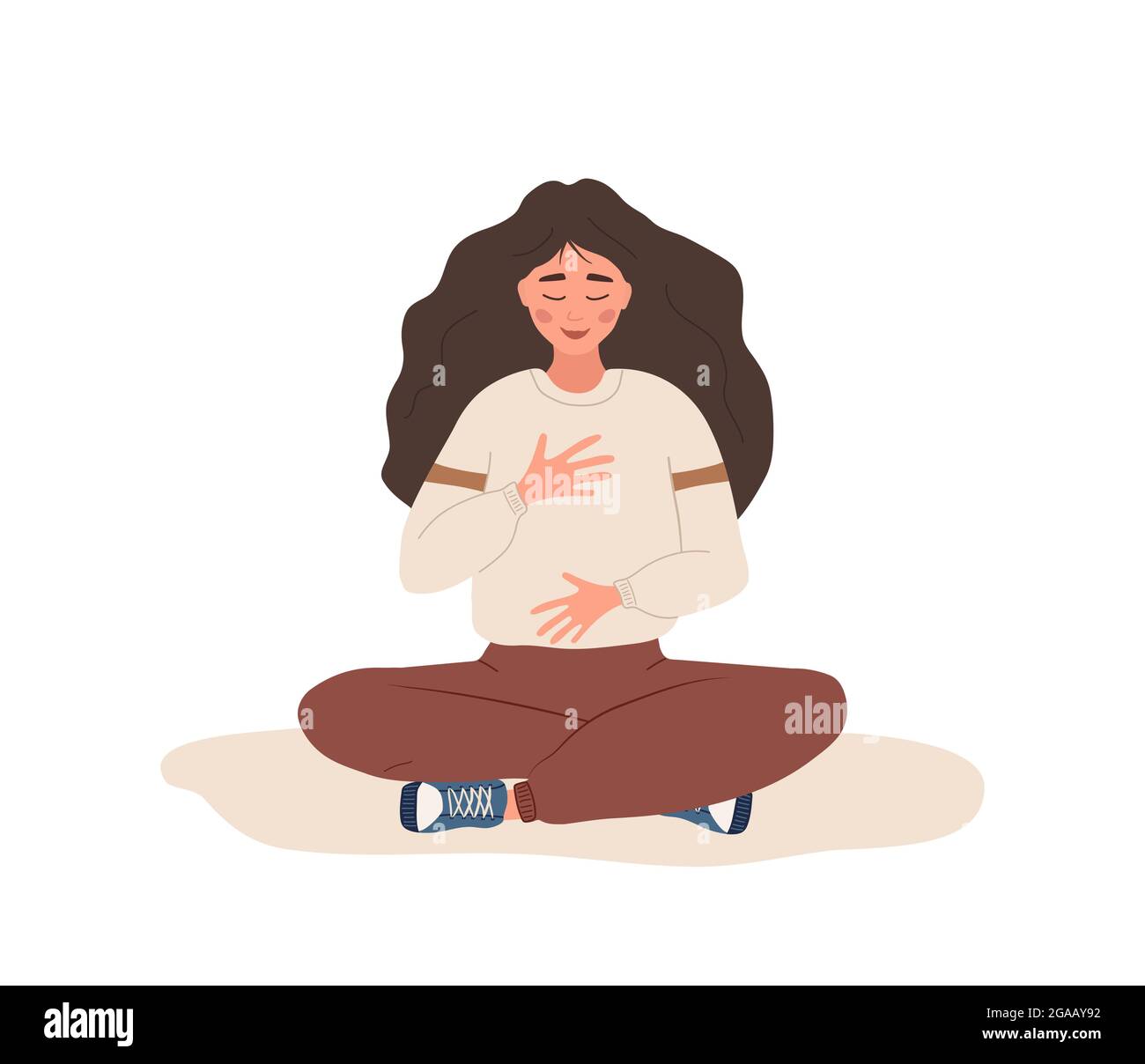 Abdominal breathing. Woman practicing belly breathing for good relaxation. Breath awareness yoga exercise. Meditation for body, mind and emotions Stock Vector