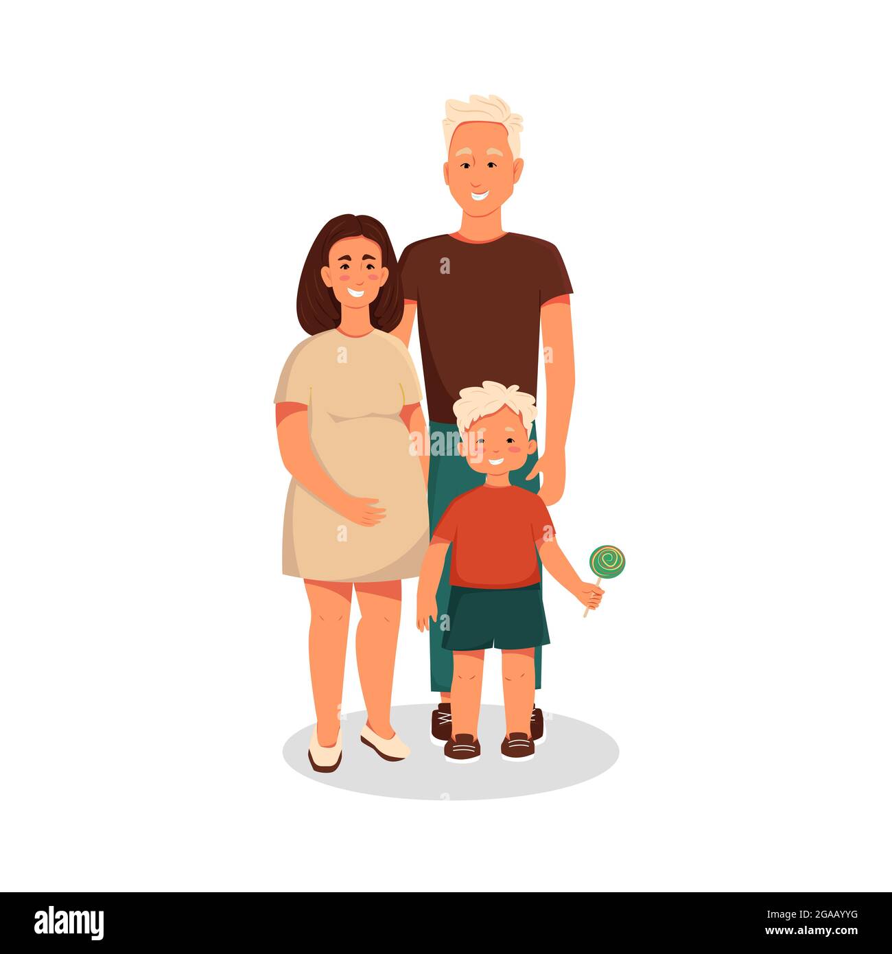 Young family with little son, pregnant woman with baby and husband. Vector cartoon characters. Flat illustration Stock Vector