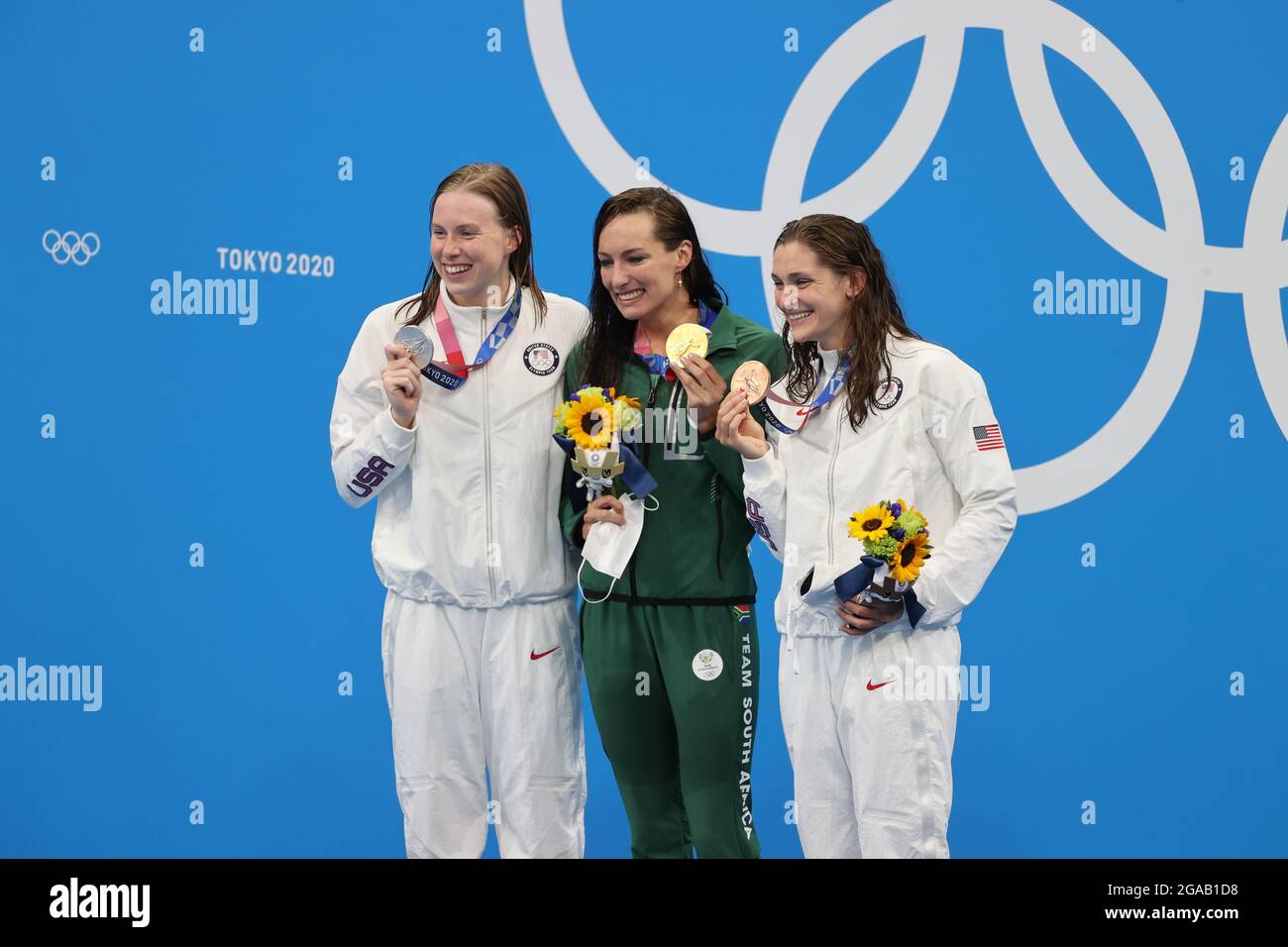 Tokyo, Japan. 30th July, 2021. Lilly KING (USA), Tatjana SCHOENMAKER (RSA), Annie LAZOR (USA) medal ceremony Swimming : Women's 200m Breaststroke Medal Ceremony during the Tokyo 2020 Olympic Games at the Tokyo Aquatics Centre in Tokyo, Japan . Credit: AFLO SPORT/Alamy Live News Stock Photo