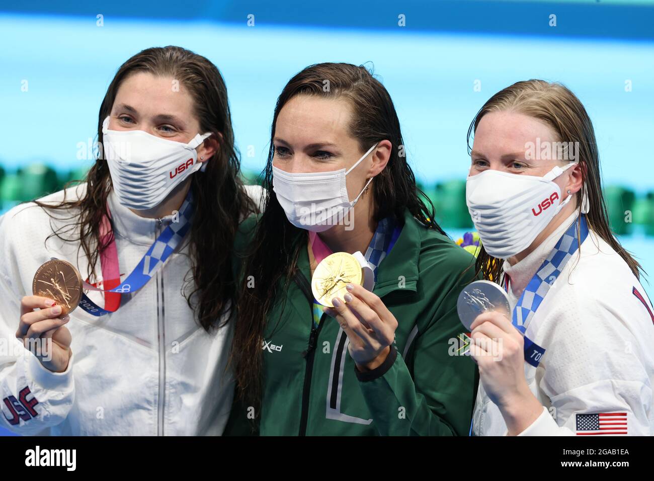 Tokyo, Japan. 30th July, 2021. Annie LAZOR (USA), Tatjana SCHOENMAKER (RSA), Lilly KING (USA) medal ceremony Swimming : Women's 200m Breaststroke Medal Ceremony during the Tokyo 2020 Olympic Games at the Tokyo Aquatics Centre in Tokyo, Japan . Credit: AFLO SPORT/Alamy Live News Stock Photo