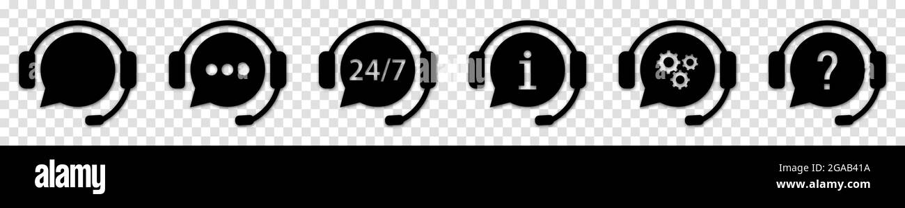 Hotline support service with headphones. Call center icons set. Vector ...