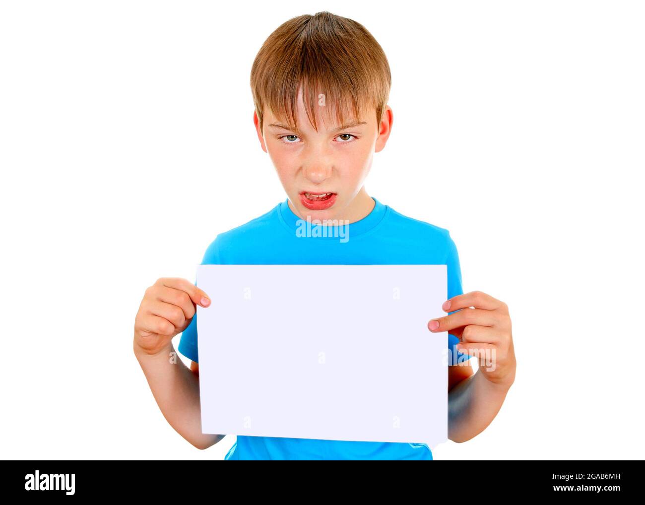 Angry Kid hold the Blank Paper on the White Background Stock Photo