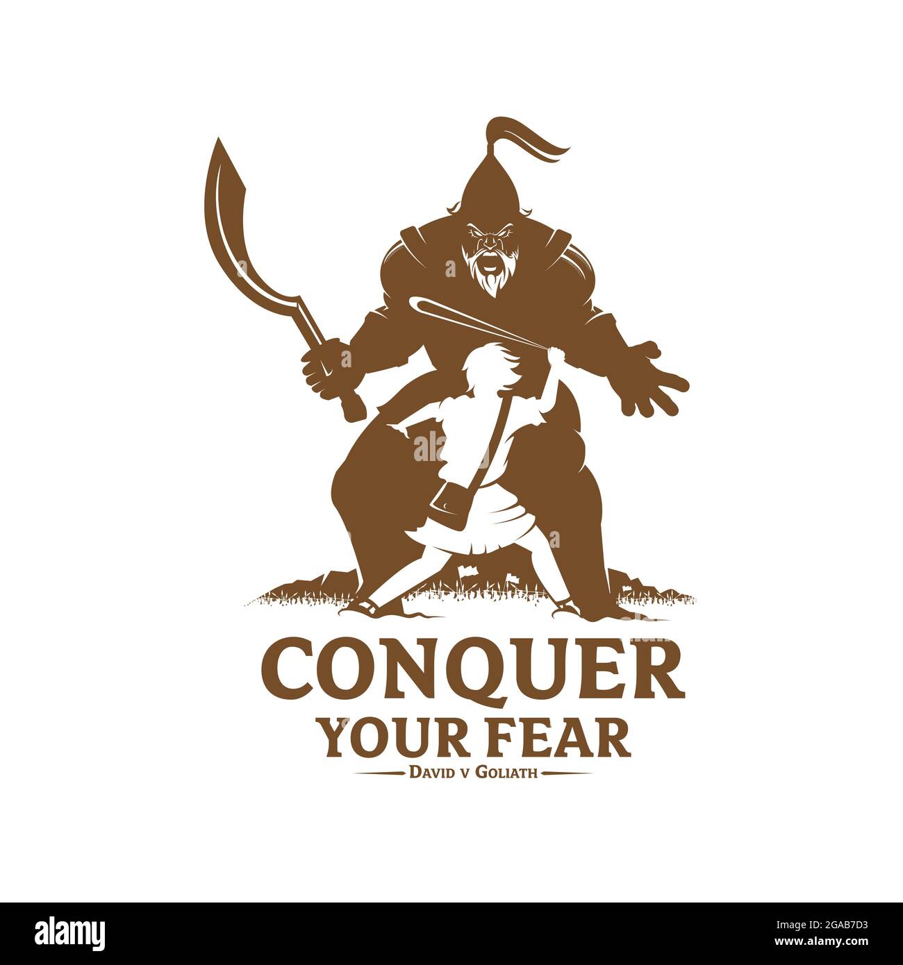 Conquer your fear David and Goliath concept vector illustration monochrome version for logo t-shirt design or any other purpose Stock Vector