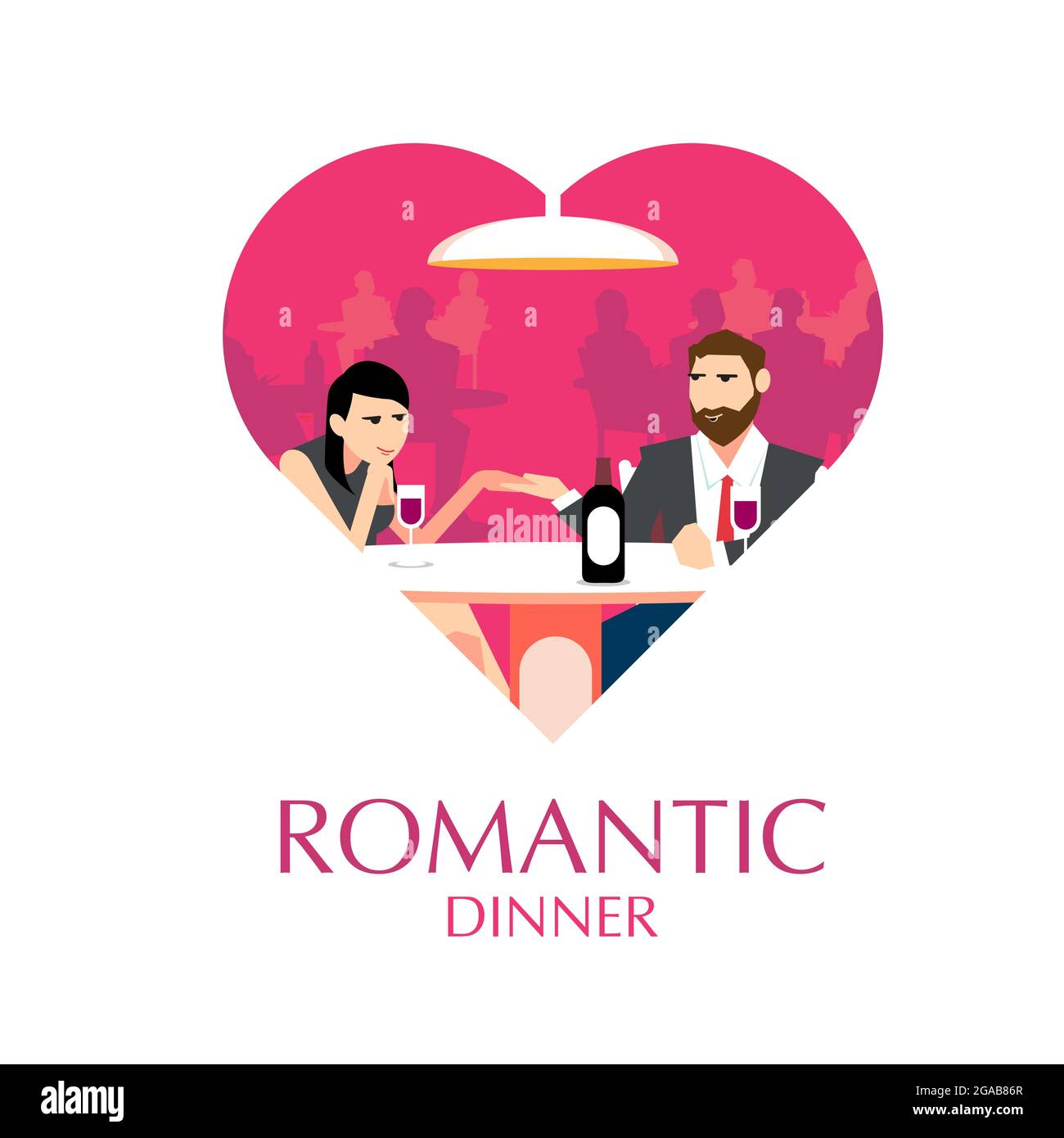 Romantic Dinner flat illustration in heart shape Stock Vector