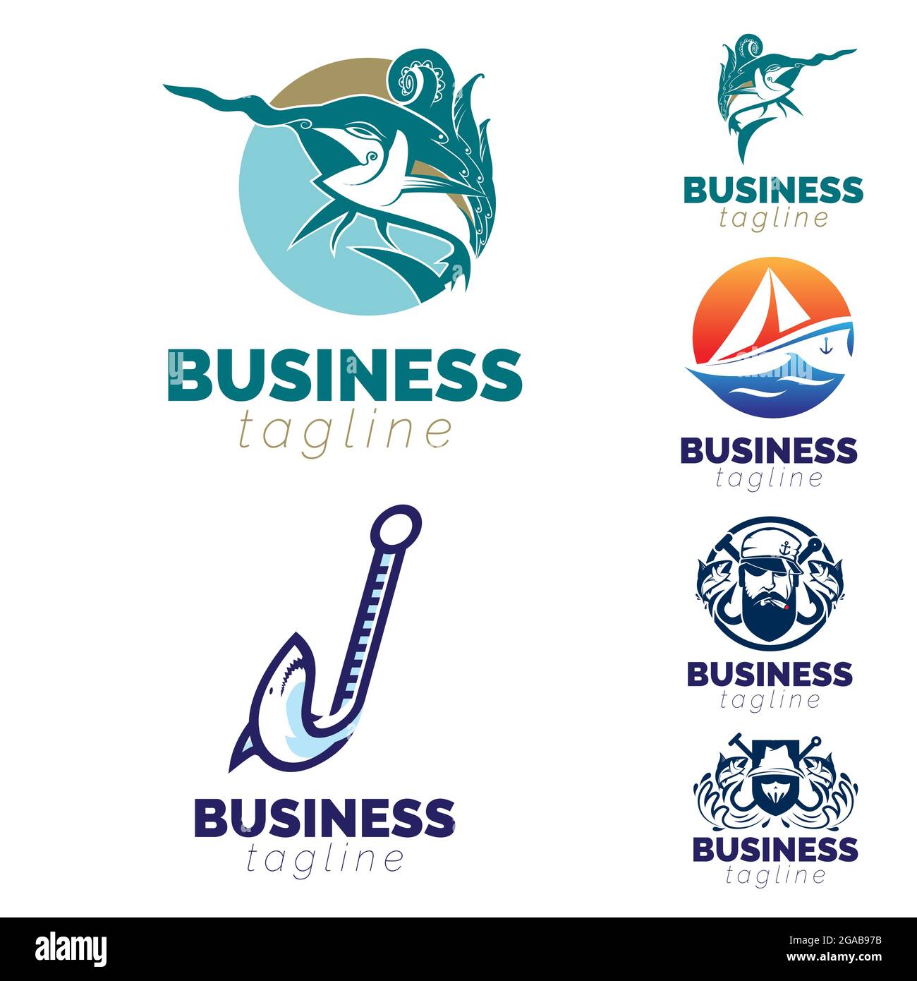 Fishing, Fish and Sail theme logo set. vector Stock Vector