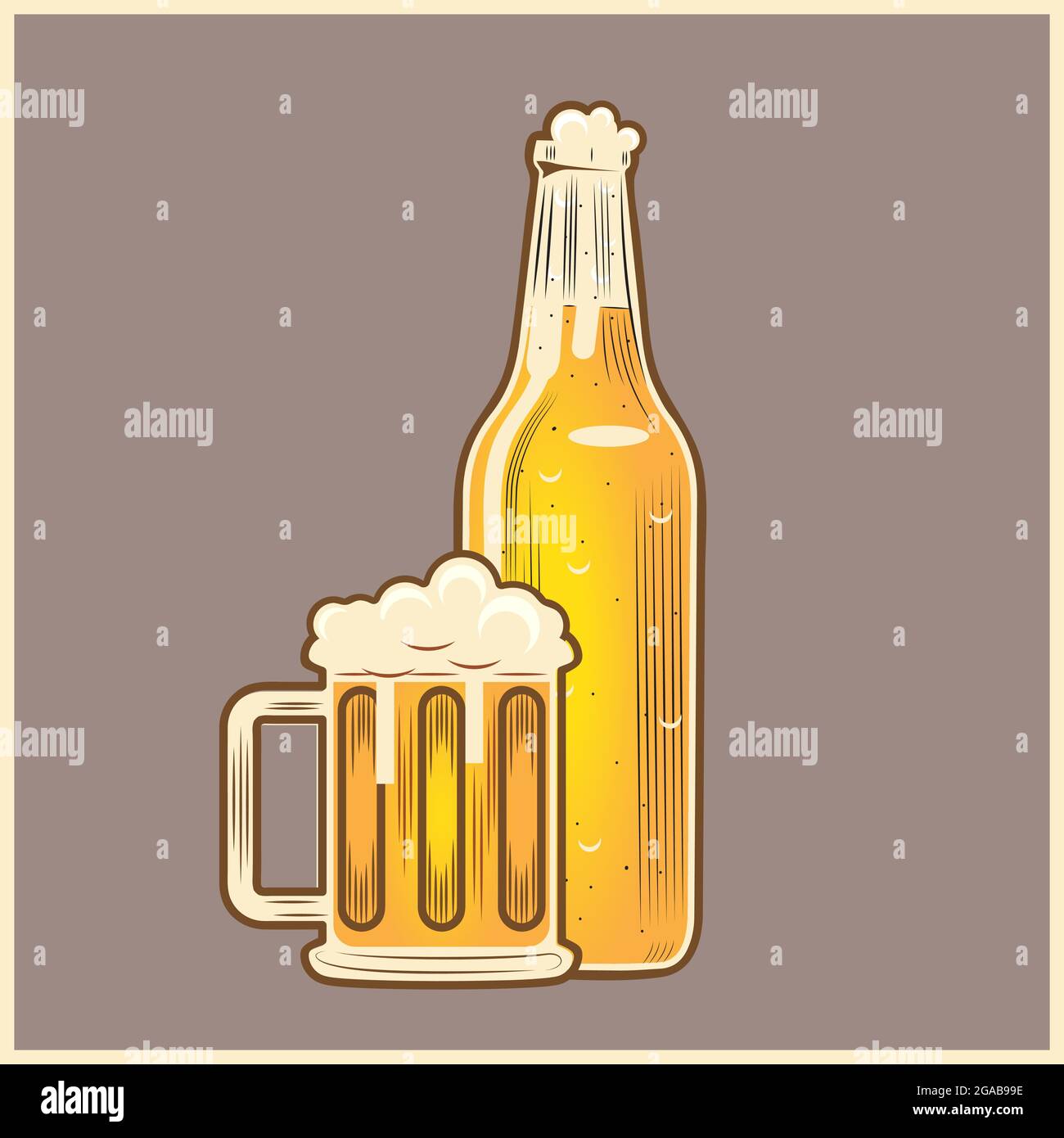 Beer glass and Bottle Vintage style vector illustration for design element, such as logo poster or any other purpose Stock Vector