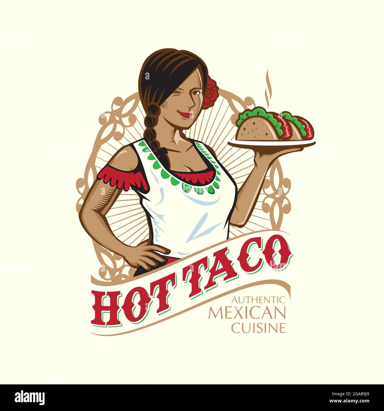 Lady Taco logo, Mexican Cusine theme. the dress is ion separated layers for easy editing Stock Vector