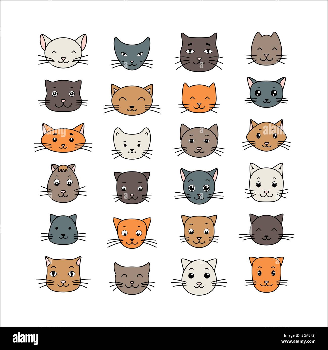 Set of cute funny cat heads in doodle style. Vector hand drawn