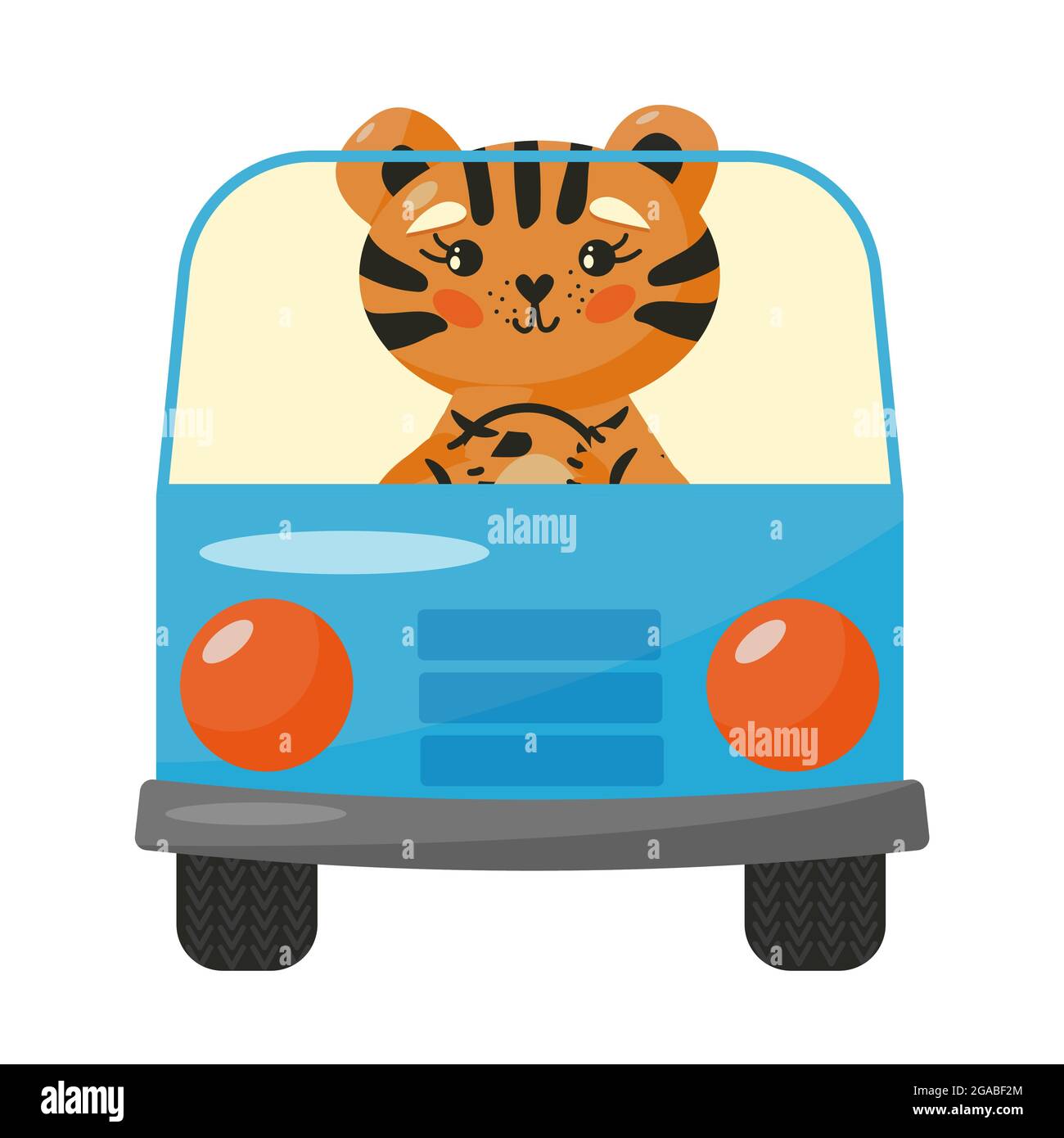 Cute tiger character in a car isolated vector illustration. Animal sticker Stock Vector