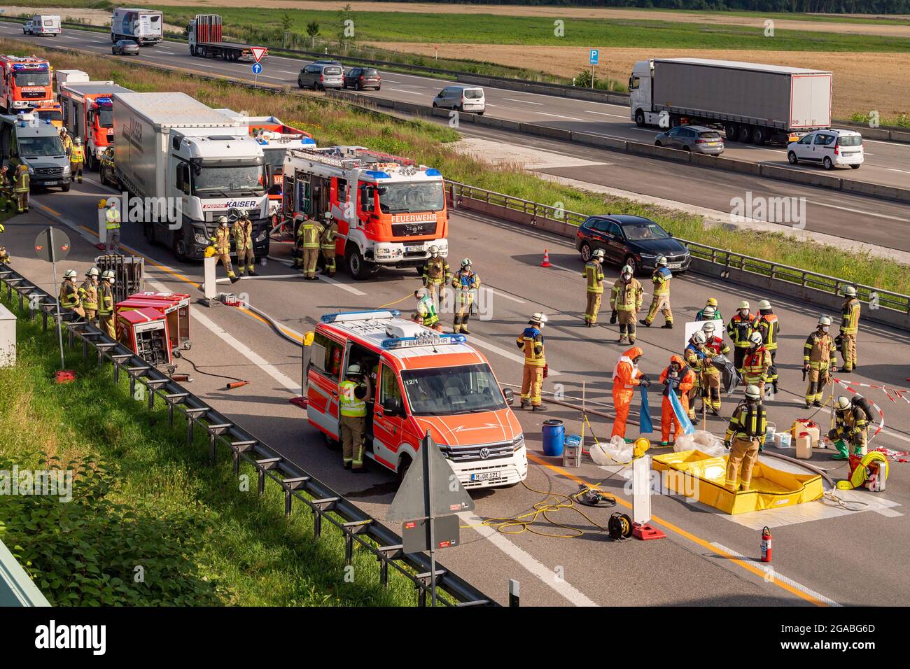 Munich Germany 30th July 2021 Firefighters Work On The A99 Motorway At The Scene Of An Accident Where Chemicals Have Leaked The Accident Caused A Long Traffic Jam Heading South Credit Peter