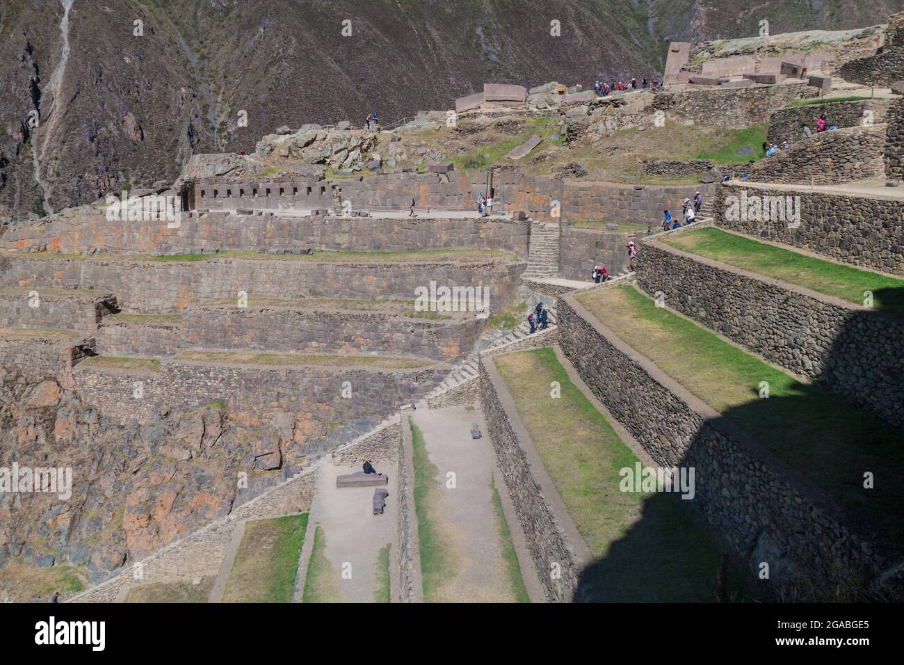 Agricultural terraces of Inca ruins of Ollantaytambo, Sacred Valley of Incas, Peru Stock Photo
