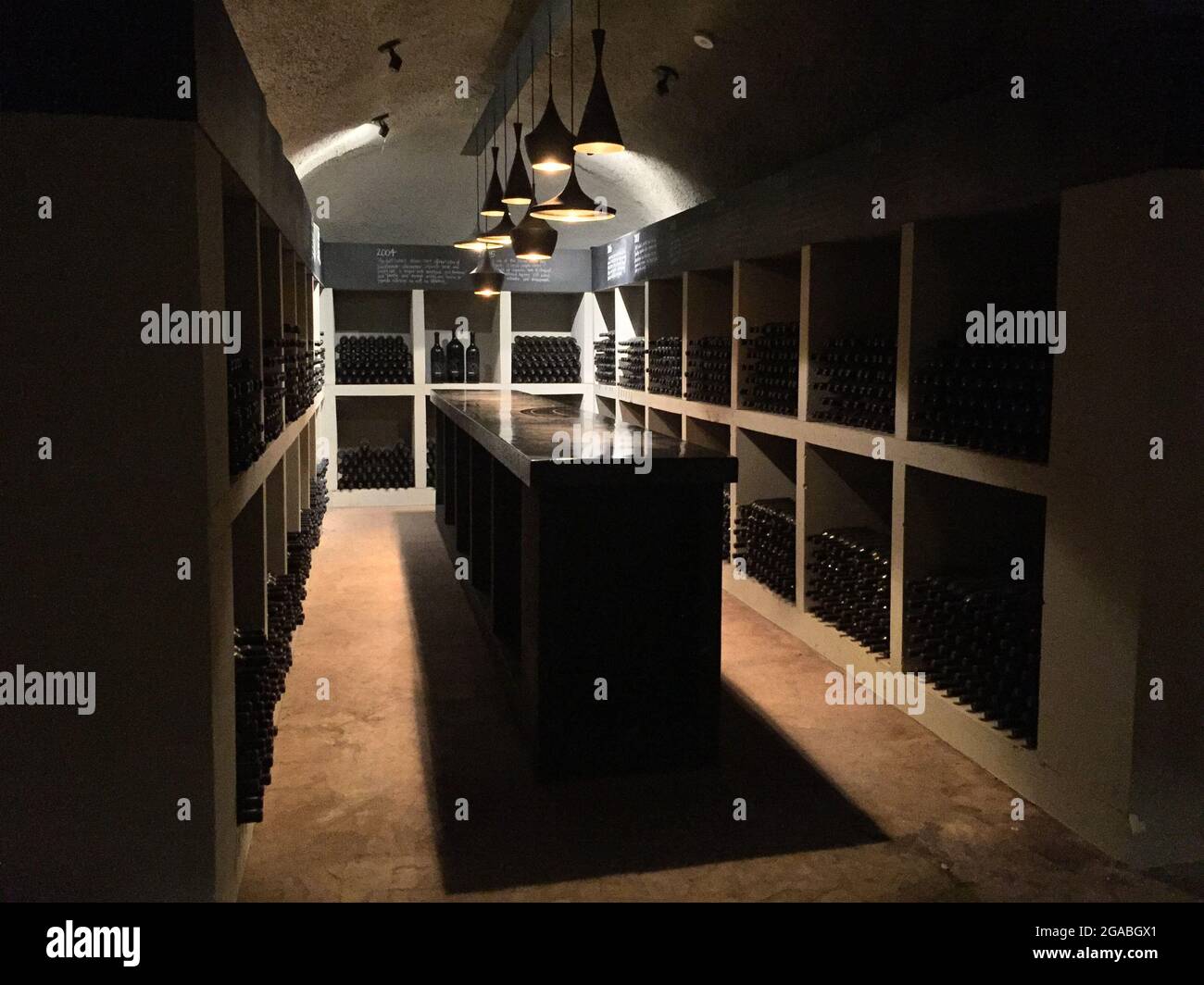 WINDSOR, UNITED STATES - Jul 05, 2018: The dark interior of a winery inside a wine cave at a winery in Windsor, California Stock Photo