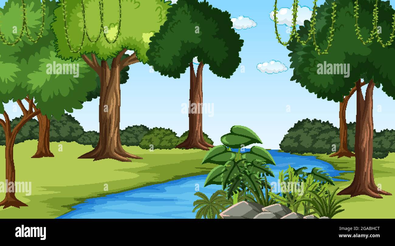 Nature forest landscape at daytime scene with river flowing through the ...