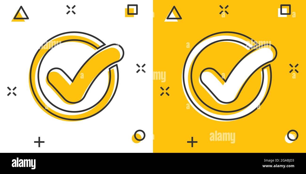 Cartoon check mark icon in comic style. Approved illustration pictogram ...