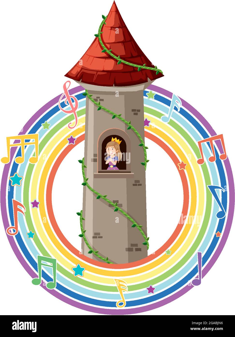 Princess in tower with melody symbol on rainbow illustration Stock ...