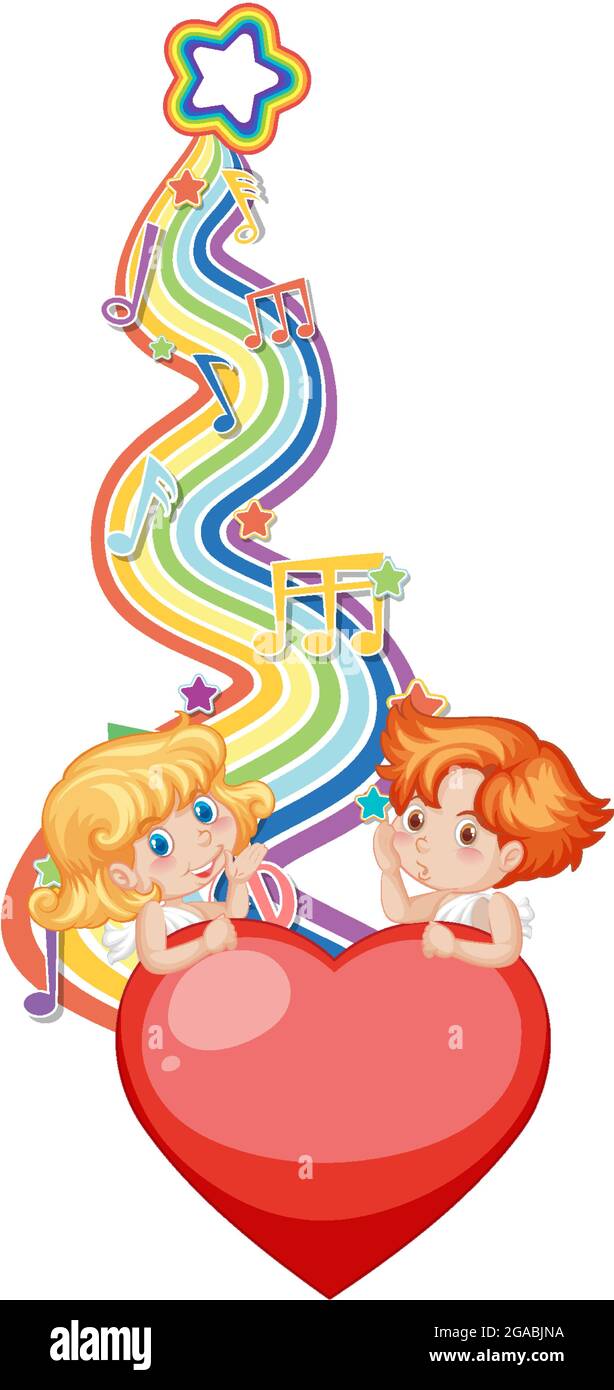 Cupid couple with melody symbols on rainbow wave illustration Stock ...
