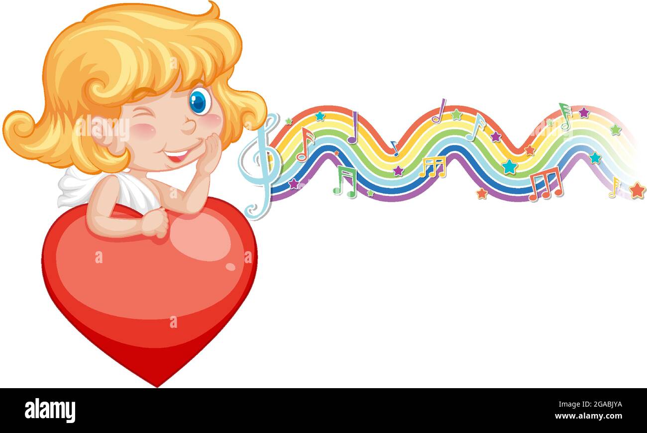 Cupid girl holding heart with melody symbols on rainbow wave ...