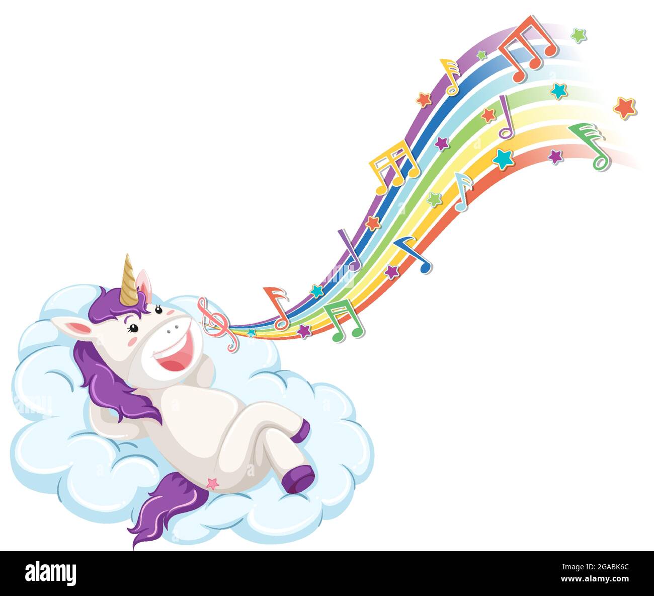 Cute unicorn laying on the cloud with melody symbols on rainbow ...