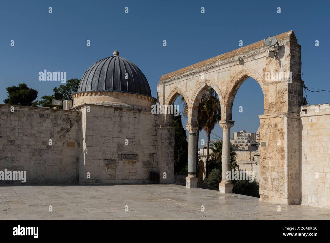 The Dome of al-Nahawiya (Qubat ul-Nahawiya), Established by King Sharaf al-Din Abu al-Mansur Issa al-Ayyubi in 1207 CE located at the southwestern platform of the Temple Mount known as The Noble Sanctuary and to Muslims as the Haram esh-Sharif in the Old City East Jerusalem Israel Stock Photo
