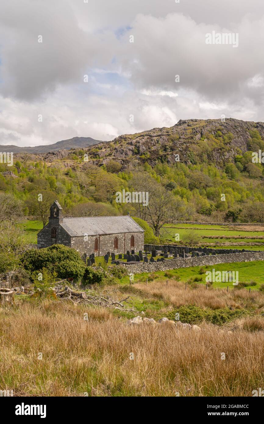 The parish church off Saint Michael in the valley of the Afon Dwyfor near the village of Llanfihangel-y-Pennant in Snowdonia Stock Photo
