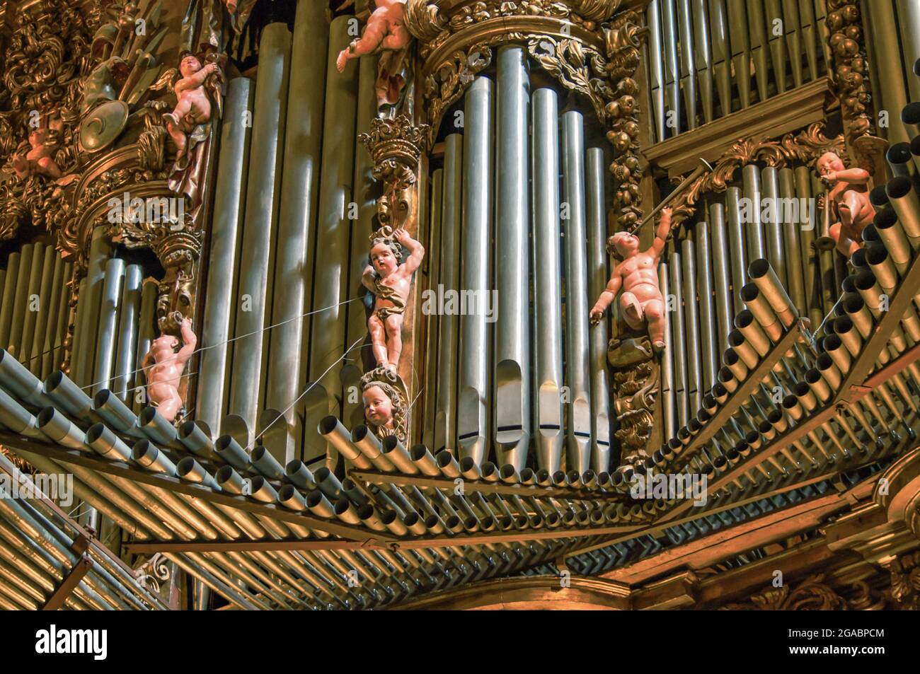 Close-up shot of the pipe organ cathedral of Santiago de Compostela in Spain. Stock Photo