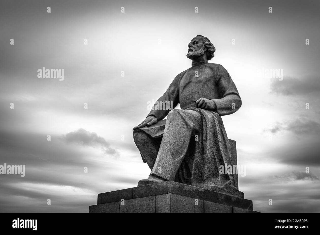 Konstantin Tsiolkovsky monument at Cosmonauts Alley in Moscow, Russia. Astronautic theory pioneer and  rocket scientist. Black and white. Stock Photo